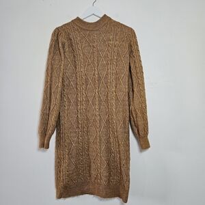 Elegant Long Sleeve Cable Knit Dress in Golden Yellow
